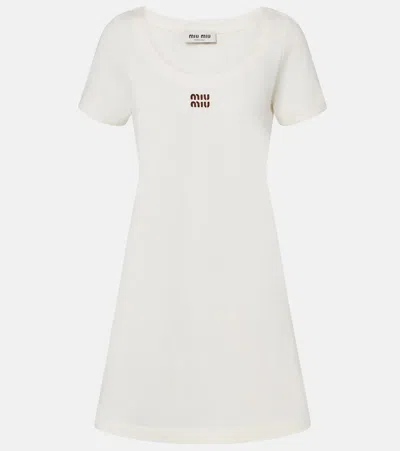 Miu Miu Leather-trimmed Cotton Jersey Minidress In White