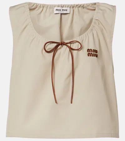 Miu Miu Leather-trimmed Cotton-blend Crop Top In Sand