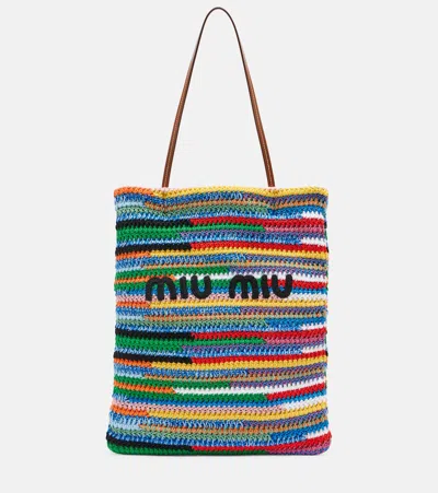 Miu Miu Leather-trimmed Crochet Cotton Tote Bag In Multi