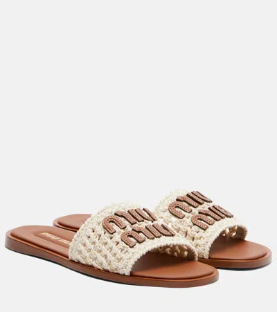 Miu Miu Leather-trimmed Crochet Slides In White