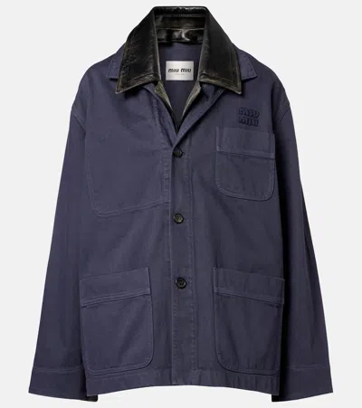 Miu Miu Leather-trimmed Oversized Cotton Gabardine Jacket In Blue