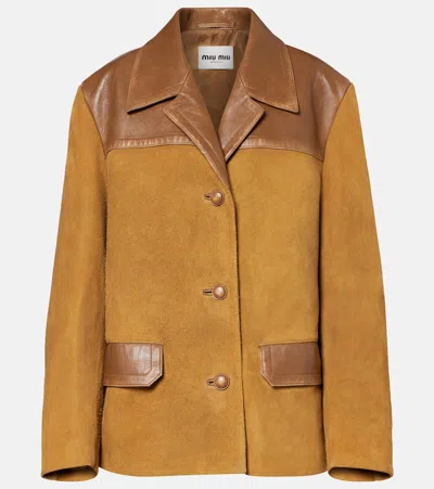 Miu Miu Leather-trimmed Oversized Suede Jacket In Brown