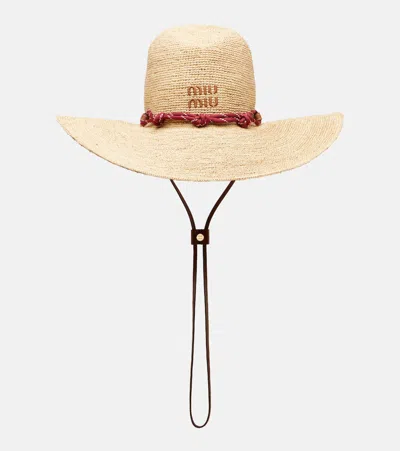 Miu Miu Leather-trimmed Raffia Sun Hat In Brown