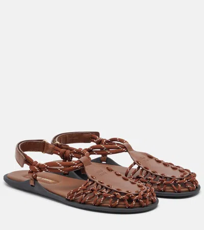 Miu Miu Refined Leather Cord Sandals With Ankle Strap In Brown