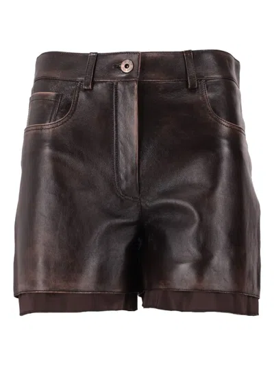 Miu Miu Leather Shorts With Pockets And Loops In Burgundy