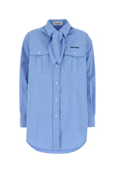MIU MIU LIGHT BLUE SCARF-DETAIL POPLIN SHIRT