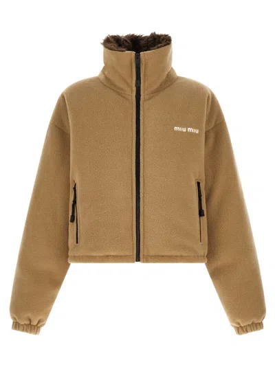 Miu Miu Light Brown Logo Mock Collar Jacket In Multi