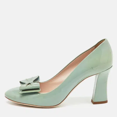 Pre-owned Miu Miu Light Mint Green Patent Leather Bow Block Heel Pumps Size 38