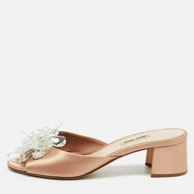 Pre-owned Miu Miu Light Pink Satin Crystal Embellished Slide Sandals Size 38.5