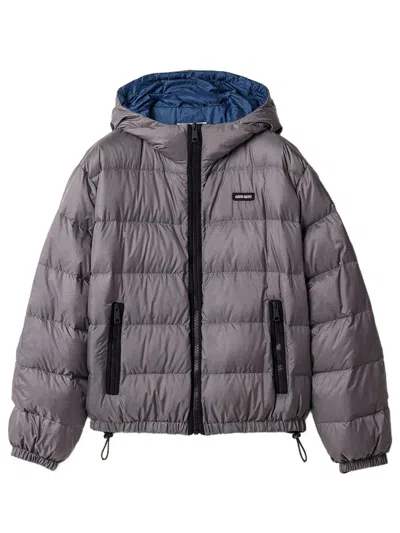 Miu Miu Light Pongé Down Hoodie Jacket In Gray