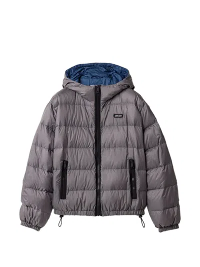 Miu Miu Light Pongé Down Hoodie Jacket In Grey