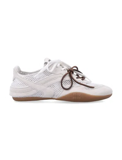Miu Miu Lightweight Mesh And Suede Sneaker For Women With Tpu Sole In Neutral