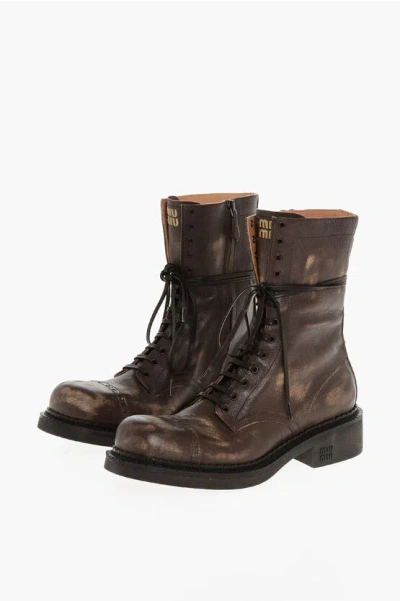 Miu Miu Lived-in Leather Combat Booties With Brogue Detail In Brown