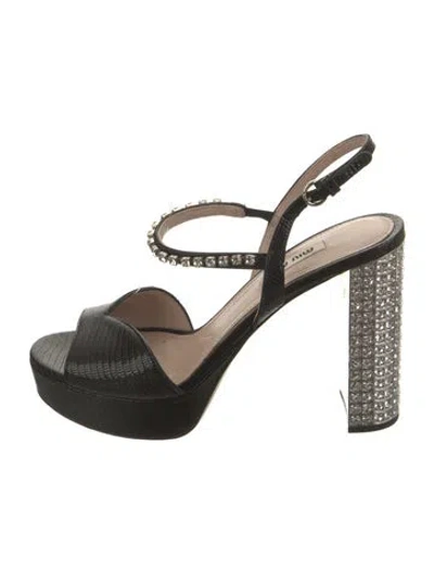 Pre-owned Miu Miu Lizard Crystal Embellishments Slingback Sandals In Black