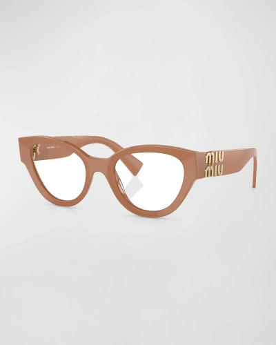 Miu Miu Logo Acetate & Plastic Round Glasses In Caramel