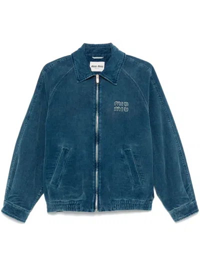 Miu Miu Cord-bomberjacke Mit Logo-applikation In Blau