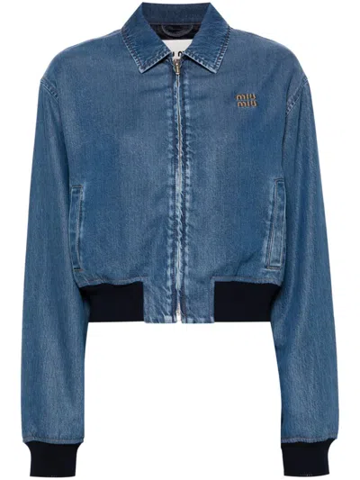 Miu Miu Jeansjacke Mit Logo-applikation In Blue