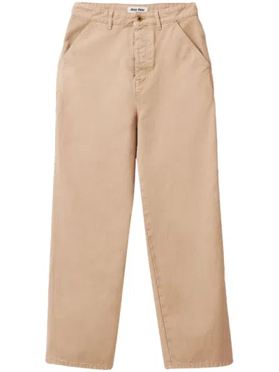 Miu Miu Logo-appliqué Gabardine Trousers In Neutrals