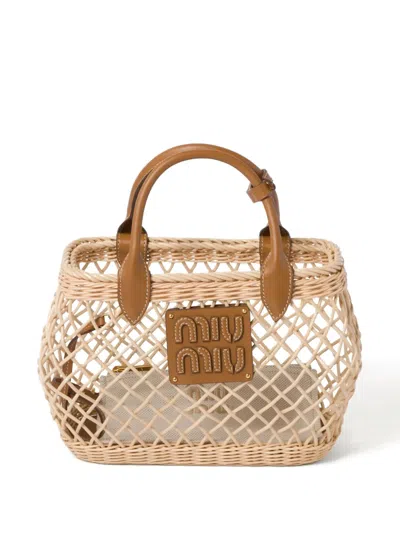 Miu Miu Logo-appliqué Interwoven Tote Bag In Neutrals