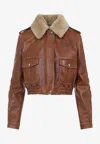 Miu Miu Logo-applique Leather Bomber Jacket In Brown