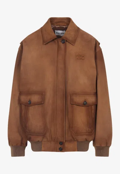 Miu Miu Lamb Leather Jacket Dropped Shoulders In Brown