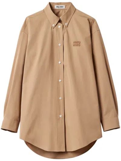 Miu Miu Logo-appliqué Poplin Shirt In Neutrals