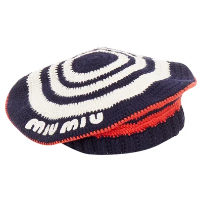 Pre-owned Miu Miu Logo Applique Striped Crochet Knit Beret Hat In Multi