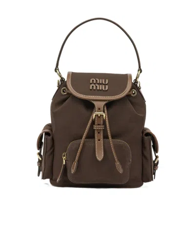 Miu Miu Logo Backpack In Brown