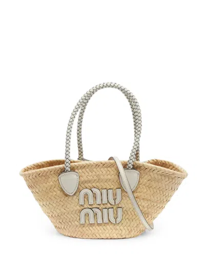 Pre-owned Miu Miu Logo Basket Tote Bag In Neutral