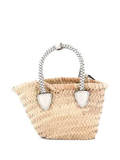 Pre-owned Miu Miu Logo Basket Tote Woven Raffia Mini Satchel In Neutral