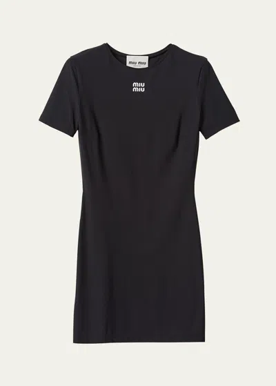 Miu Miu Logo-print Short-sleeve Minidress In Black