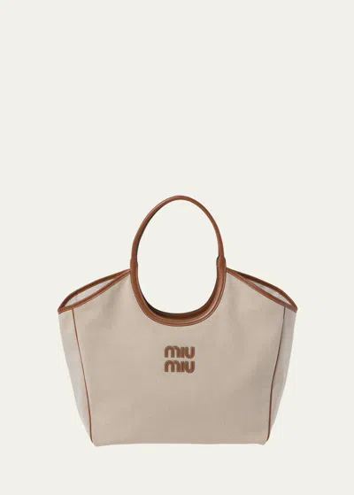 Miu Miu Logo Canvas & Leather Shoulder Bag In Brown