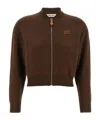 Miu Miu Stretch Cashmere Blend Cardigan With Ribbed Cuffs And Hem In Brown