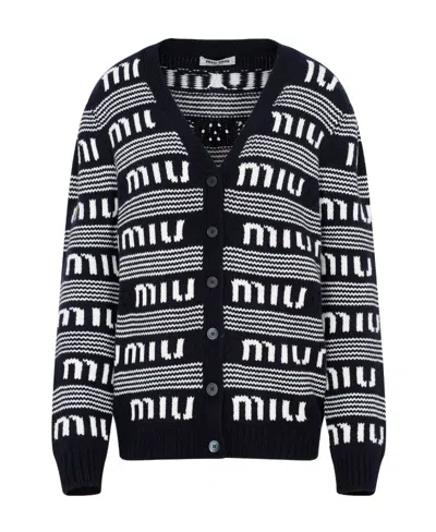 Miu Miu Logo Cashmere Knitted Cardigan In Black