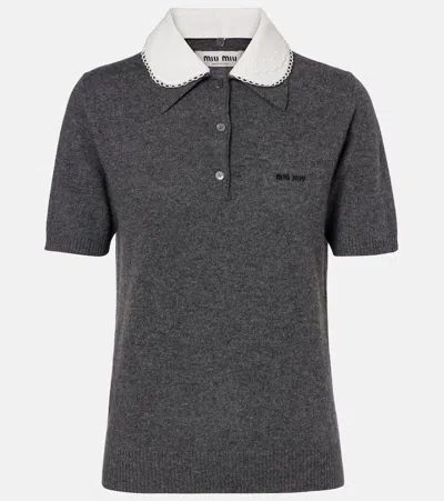 Miu Miu Logo Cashmere Polo Shirt In Gray