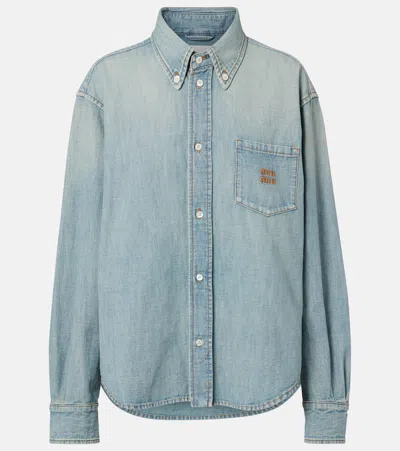 Miu Miu Long Sleeve Denim Shirt With Chest Pocket In Blue
