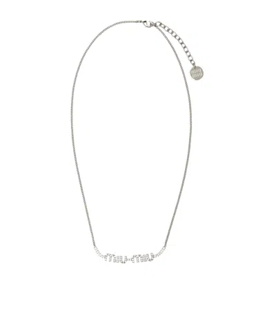 Miu Miu Logo-charm Crystal-embellished Necklace In Gray
