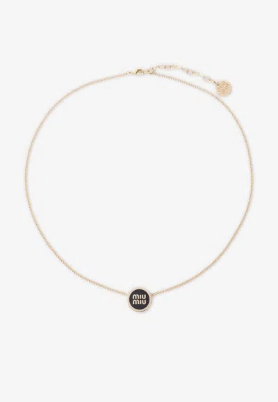 Miu Miu Logo Charm Necklace In Gold