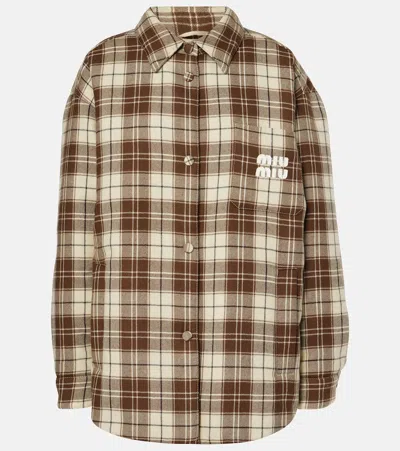 Miu Miu Logo Checked Wool Down Jacket In Brown