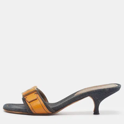 Pre-owned Miu Miu Logo Coin Size 36 Navy Blue/tan Denim And Leather Slide Sandals