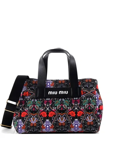 Pre-owned Miu Miu Logo Convertible Canapa Printed Canvas Mini Tote Bag In Multi