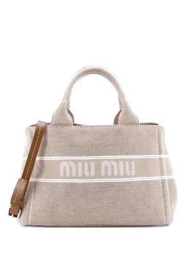 Pre-owned Miu Miu Logo Convertible Tote Printed Denim Medium Shoulder Bag In Neutral