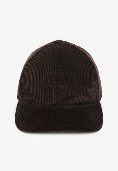 Miu Miu Logo Cordoury Baseball Cap In Brown