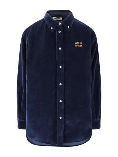Miu Miu Logo Corduroy Shirt In Blue