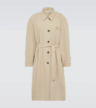 Miu Miu Logo Cotton Gabardine Trench Coat In Neutral