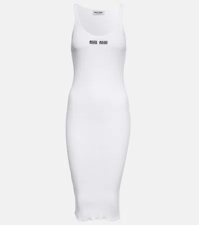 Miu Miu Logo Cotton Jersey Midi Dress In White
