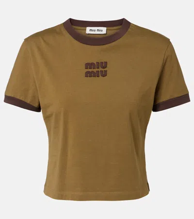 Miu Miu Logo Cotton Jersey T-shirt In Brown