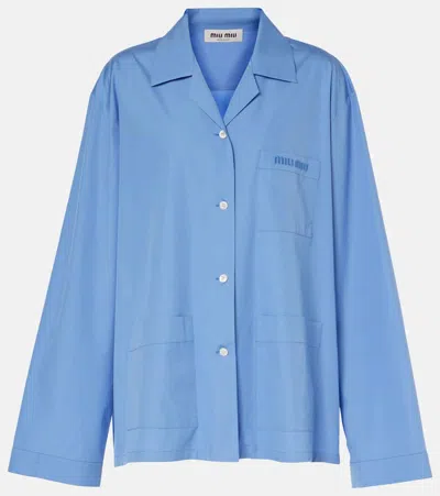 Miu Miu Logo Cotton Poplin Shirt In Azzurro
