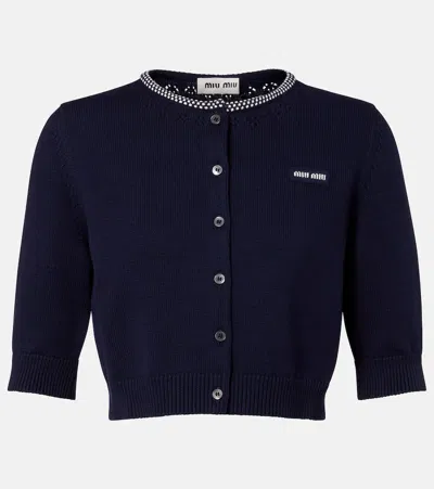Miu Miu Cotton Cardigan Contrast Trim Ribbed Hem In Blue