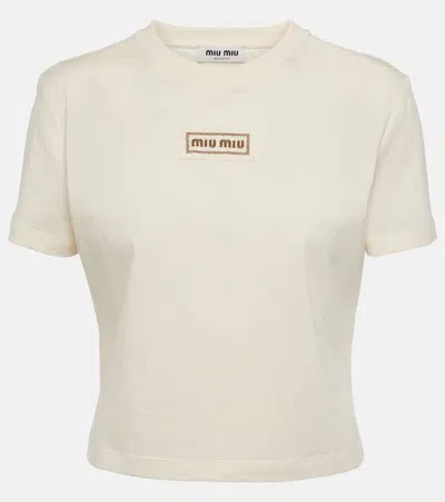 Miu Miu Logo Cropped Cotton Jersey T-shirt In Neutral